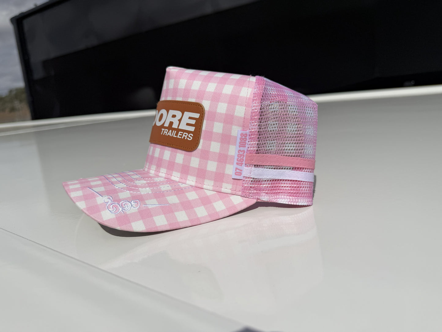 Pink Checked Trucker Cap W/Scroll