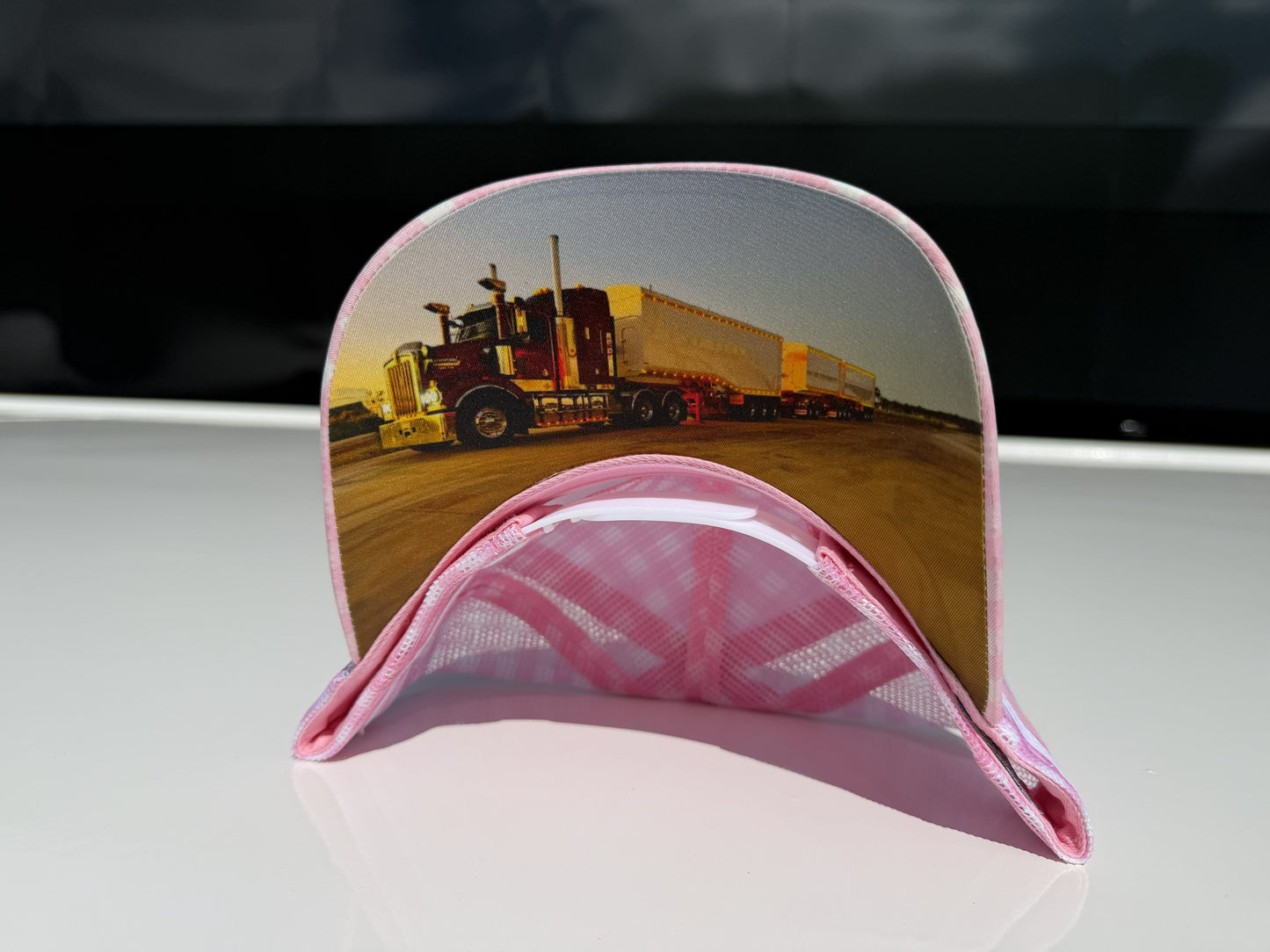 Pink Checked Trucker Cap W/Scroll